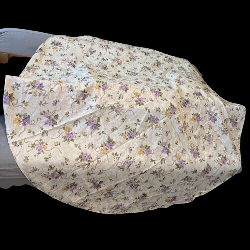 Vintage Floral Damask Tablecloth Round Purple Yellow Flowers 70" Cottage Ribbon